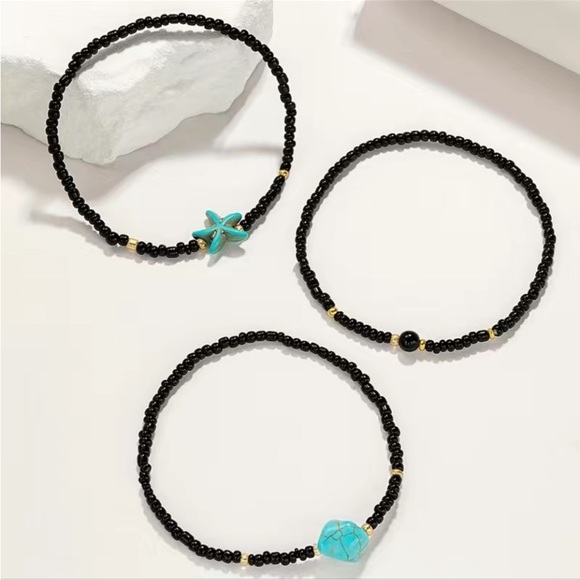 3 Piece “Under the Sea” Ankle Bracelet Set! Turquoise & Black Beads - Picture 3 of 5